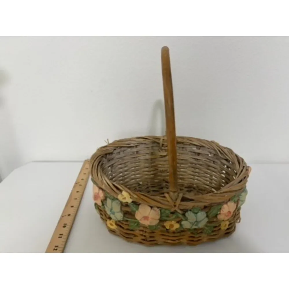 vtg. Woven Basket with ceramic flowers